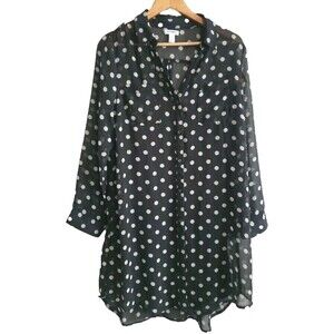 Old Navy Shirt Dress Black Polka Dot Button Front Midi Semi-sheer Lined Large